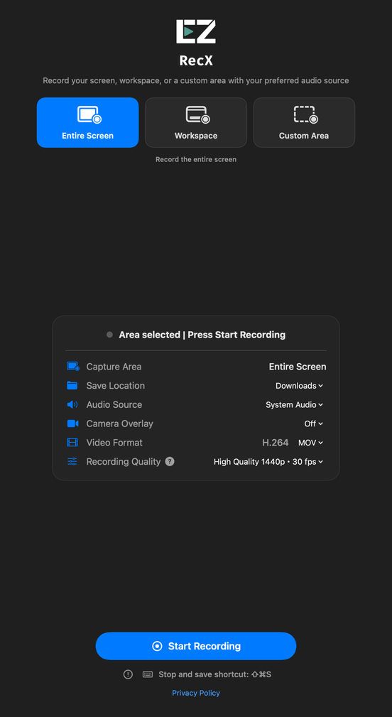 EZ RecX English interface: recording modes, audio and quality settings, and Start Recording