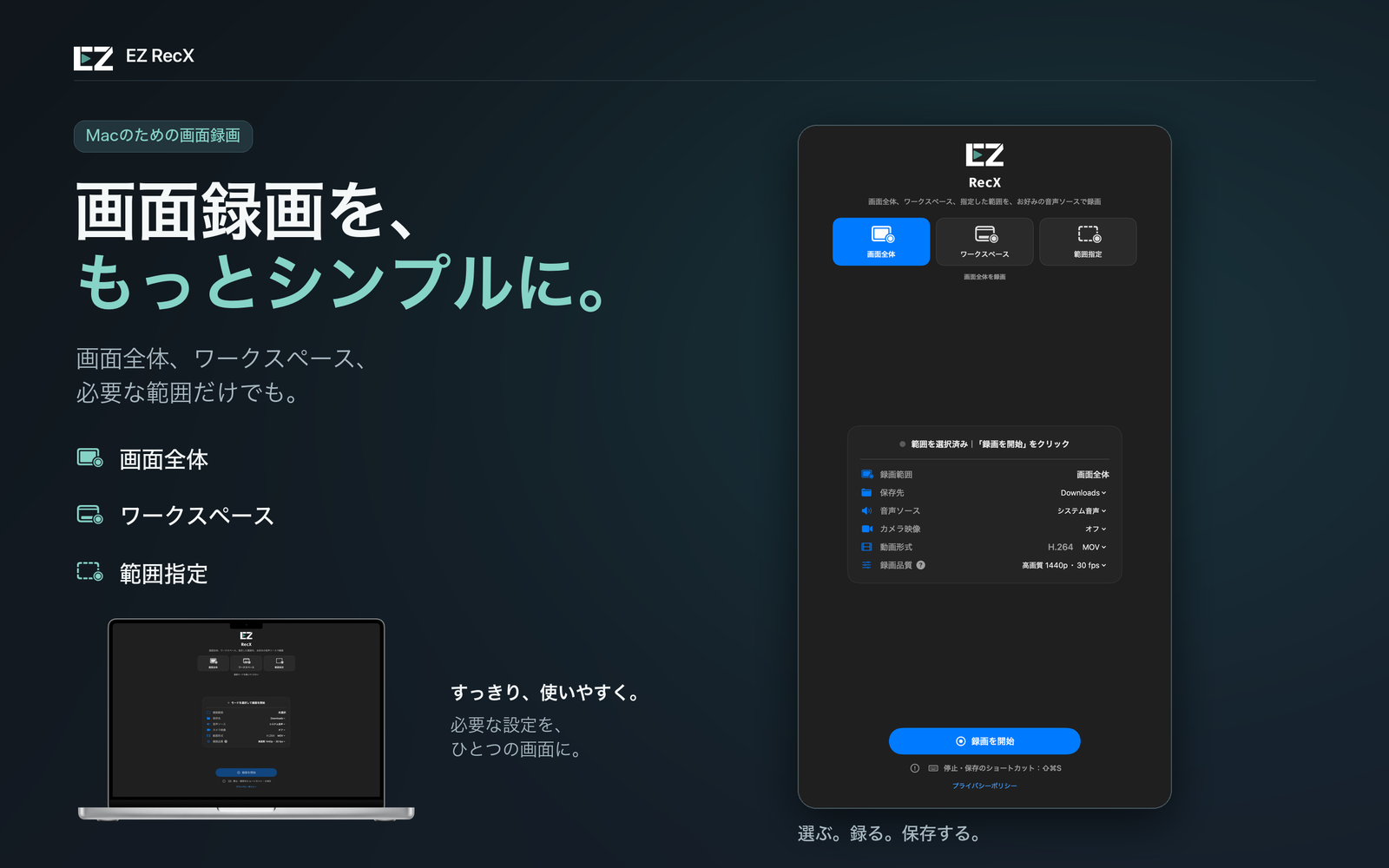EZ RecX：画面全体、ワークスペース、範囲指定